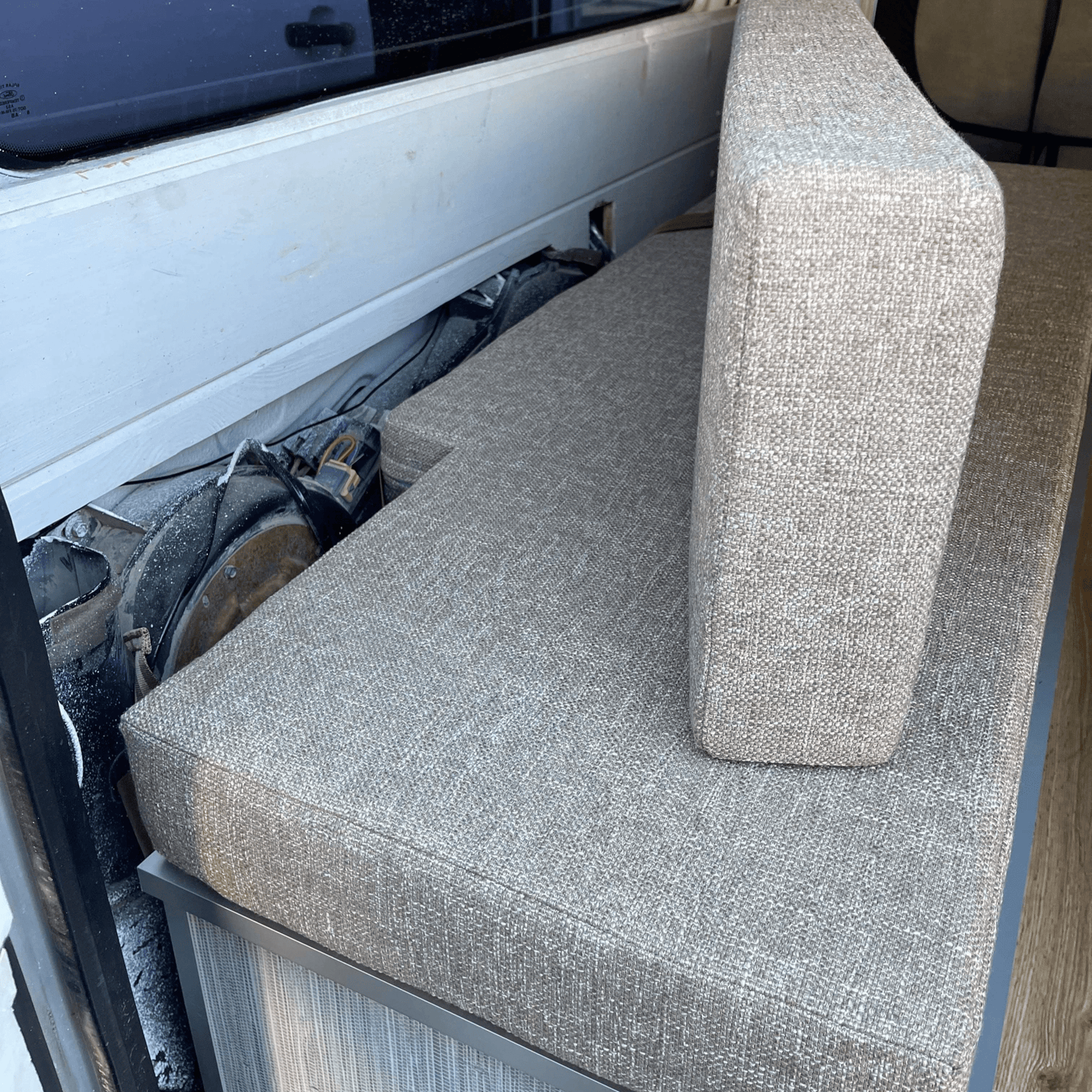Custom-cut campervan cushion designed to fit unique layouts and angled benches