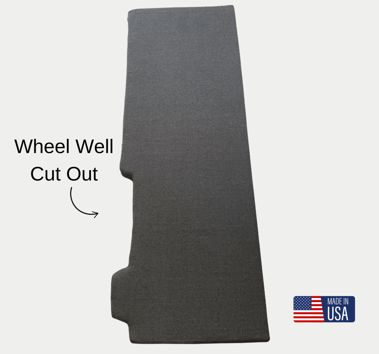 Precision-cut campervan cushion made to fit around wheel wells, corners, or built-in furniture