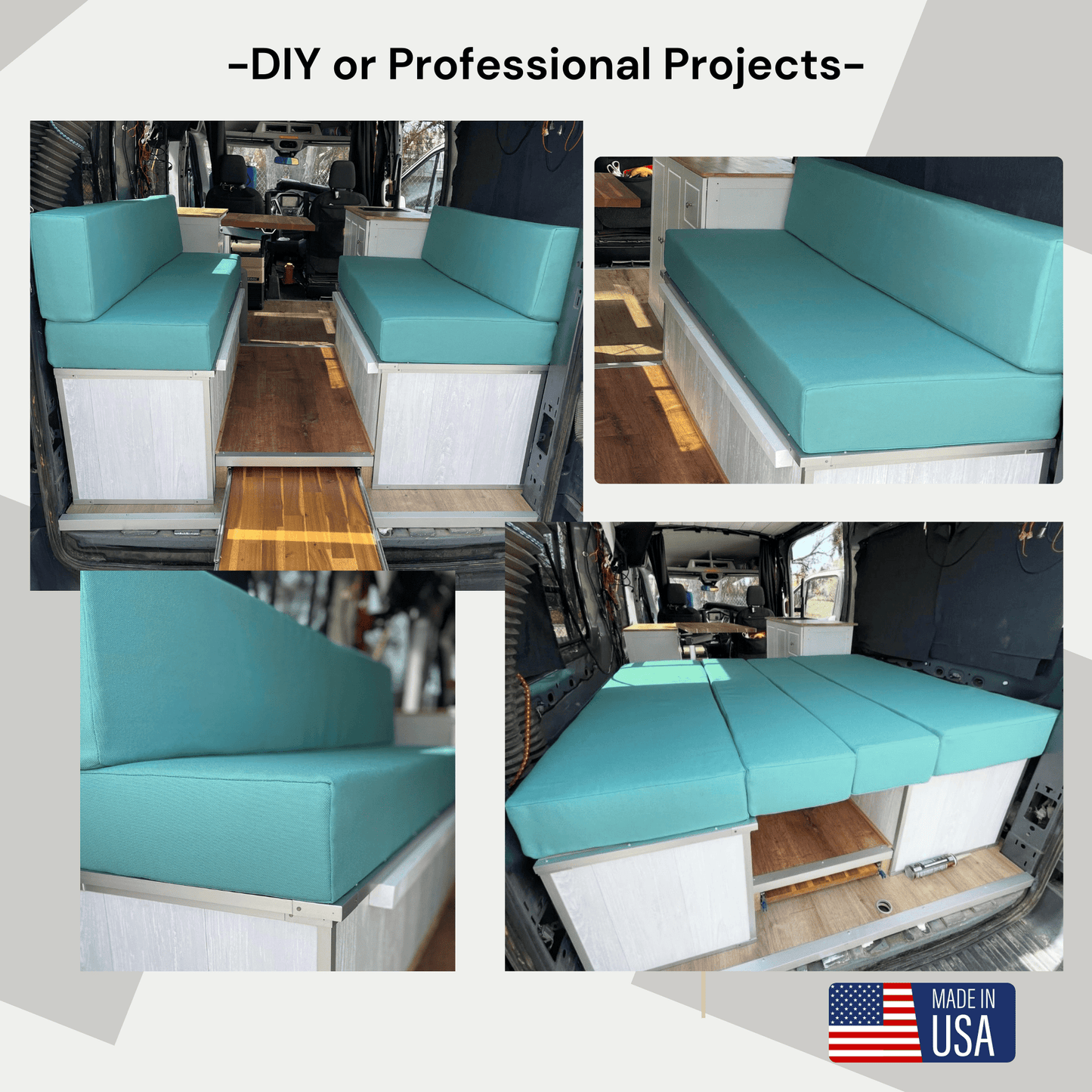Handcrafted campervan cushions with durable, PFAS-free fabric and precision-cut foam