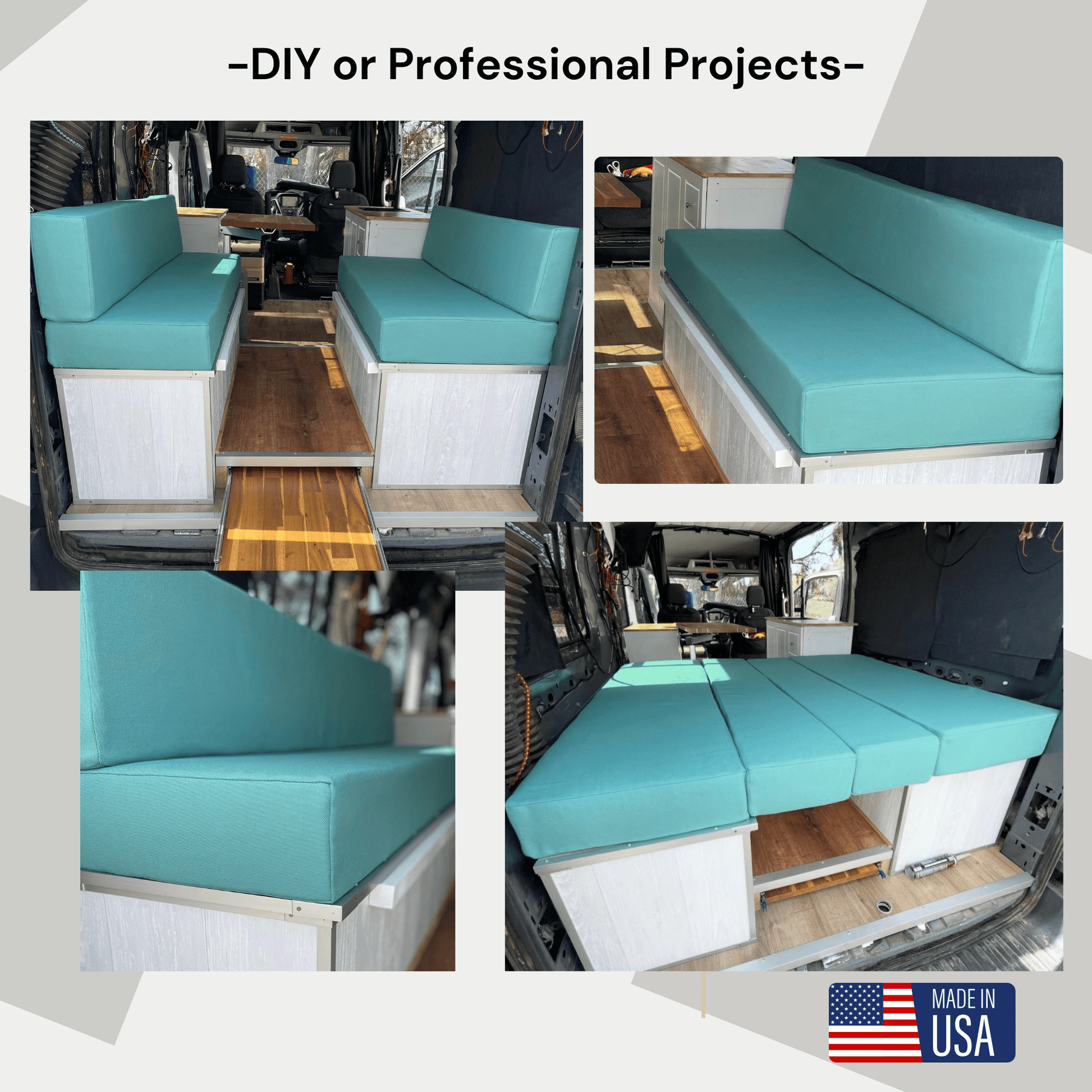 Handcrafted campervan cushions with durable, PFAS-free fabric and precision-cut foam