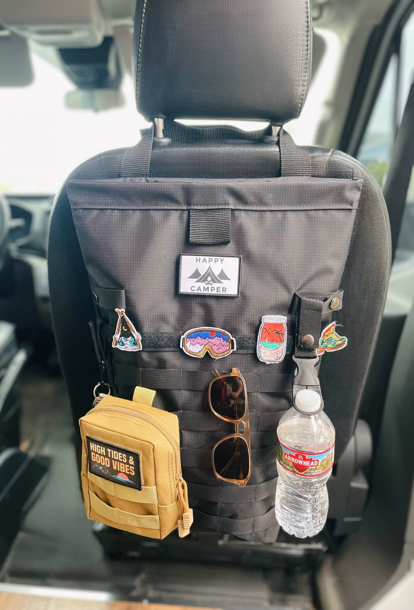 Close-up of magnetic snap-back closure on handcrafted camper organizer bag
