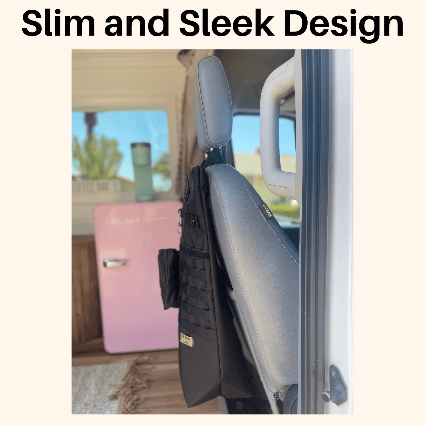Slim seat back organizer with low-profile design for camper vans