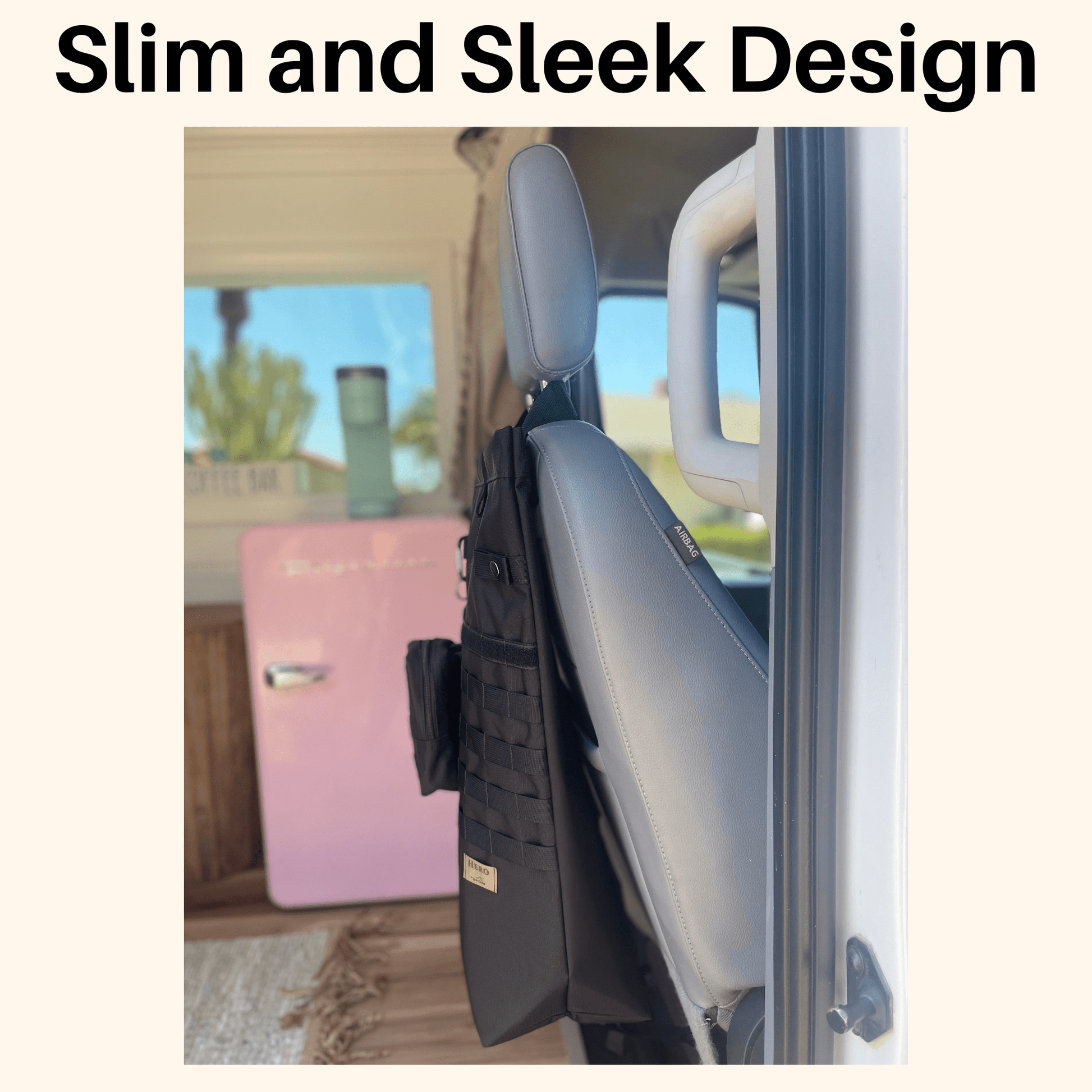 Slim seat back organizer with low-profile design for camper vans